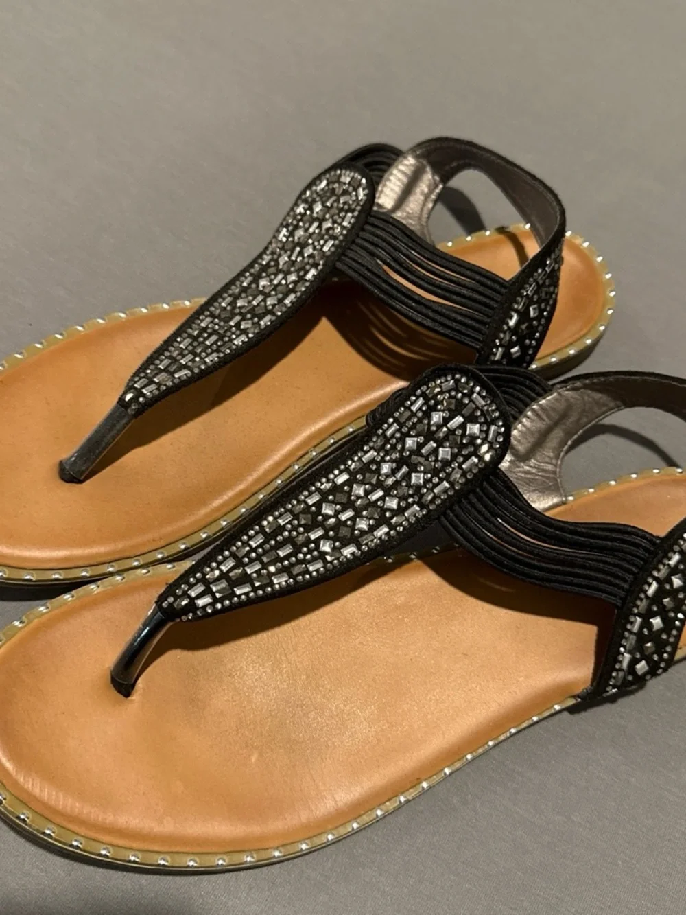 Women’s Black Embellished T-Strap Sandals